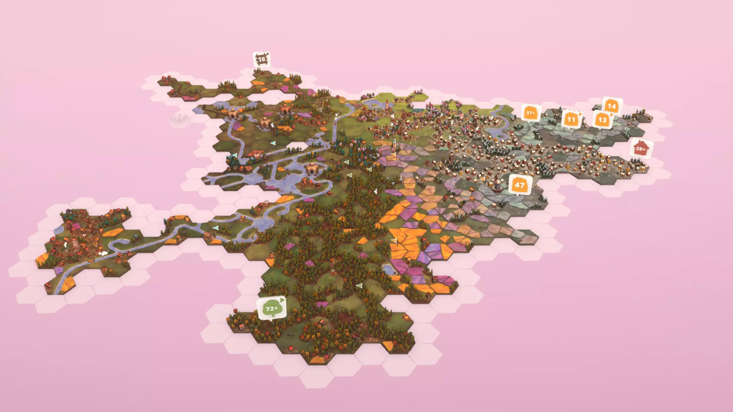 Dorfromantik end game with a large countryside with mostly waterways to the west with large forest in the south splitting through most of the middle. Then some large fields and finally a large town to the east.